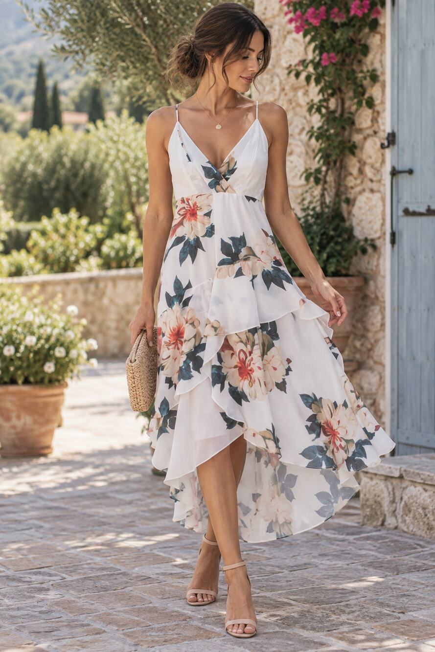 NWT Lulus Floral Ruffle Midi Dress Small White Strappy